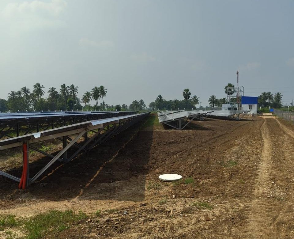 Solar panel structures along the access track at the Tiruvannamalai site